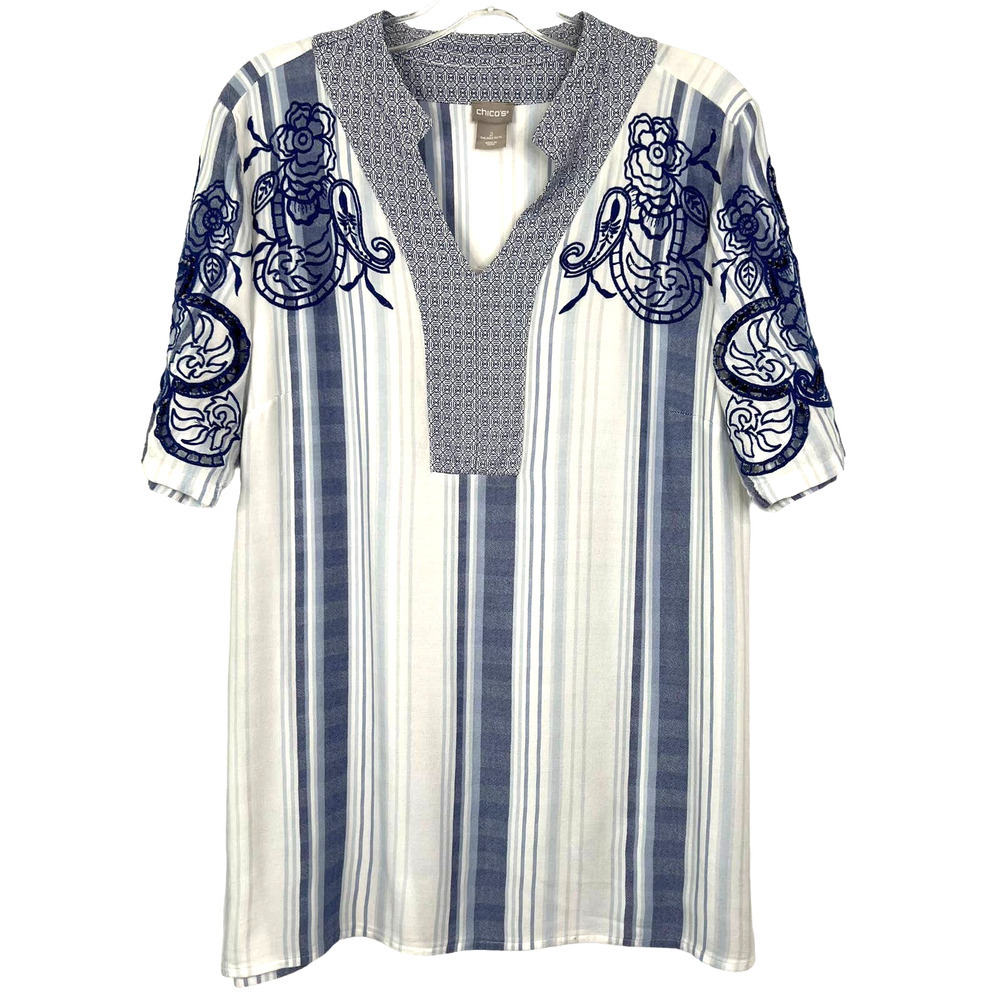 Chico's Women's Top Blue Stripe Print Embroidered Detail Blouse Size 2 (12/14)